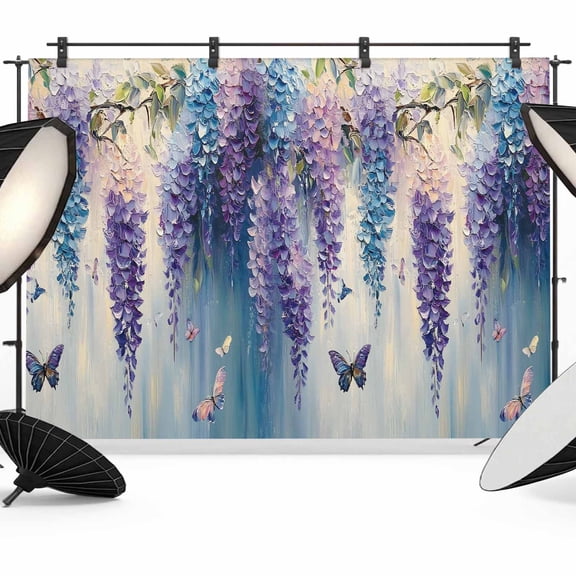 Flower Butterfly Backdrop for Photoshoot,Photography Photo Studio Background Wall Backdrop,Blue Purple Spring Oil Painting Floral Back Drop Banner Panel for Portraits Wedding Live Streaming 7x5Ft