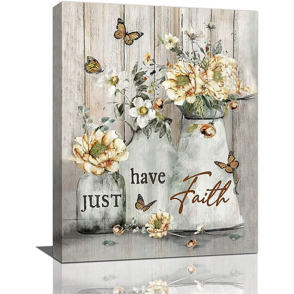 Flower Butterfly Bathroom Wall Art Rustic Floral Just Have Faith Bathroom Pictures Wall Decor Canvas Print For Home Bathroom Kitchen Bedroom Living Room Framed Ready To Hang 12"x16"