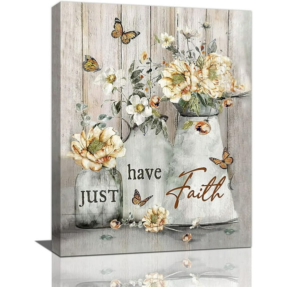 Flower Butterfly Bathroom Wall Art Rustic Floral Just Have Faith Bathroom Pictures Wall Decor Canvas Print For Home Bathroom Kitchen Bedroom Living Room Framed Ready To Hang 12"x16"