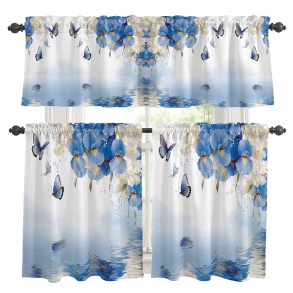 Flower Butterfly Blue Kitchen Curtains Sets for Windows 24 Inch Length, Spring Botanical Watercolor Floral Leaf Rod Pocket Window Treatments Tier Curtains and Valances Set for Bedroom/Bathroom