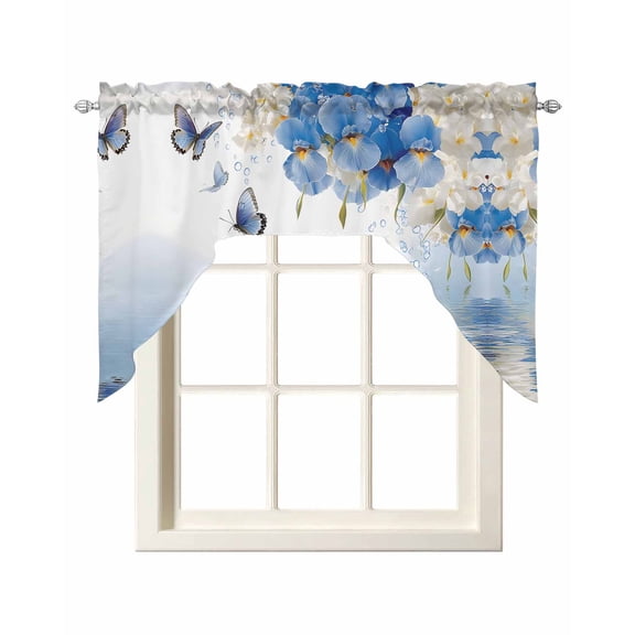 Flower Butterfly Blue Kitchen Swag Valances for Windows, Spring Botanical Watercolor Floral Leaf Swag Valances Curtains for Living Room, Rod Pocket Window Treatments for Bathroom, Bedroom, 56"x36"