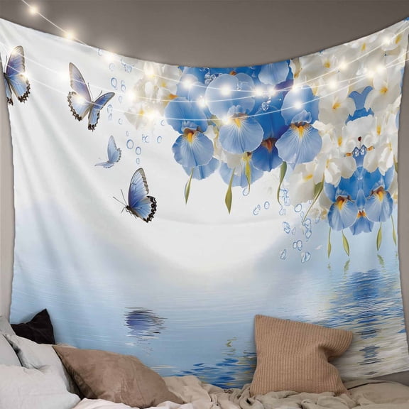 Flower Butterfly Blue Small Tapestry for Bedroom Wall Hanging Tapestry,Spring Botanical Watercolor Floral Leaf Ceiling Backdrop Tapestries Poster Blanket Wall Decor for Living Room 23" x 28"