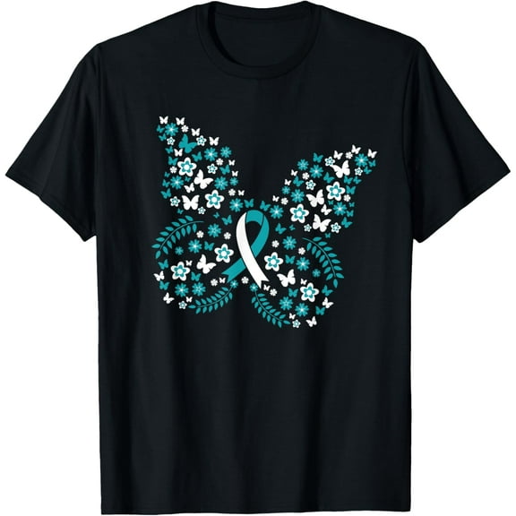 Flower Butterfly Cervical Cancer Awareness Ribbon Gifts T-ShirtMen's and women's gift, black and white T-shirt, size: Extra large S-4XL