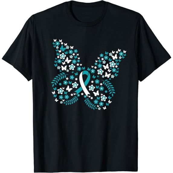 Flower Butterfly Cervical Cancer Awareness Ribbon Gifts T-Shirt