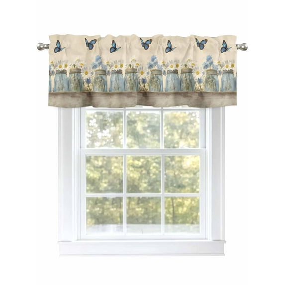 Flower Butterfly Curtain Valances for Windows, Vintage Farm White Blue Daisies Floral Kitchen Valance Window Treatment, Light Filtering Block Curtains for Bathroom/Bedroom/Living Room 60'' x 18''
