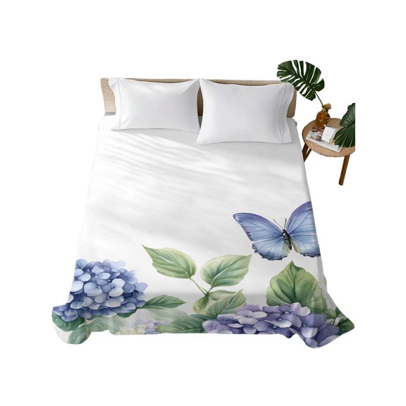 Flower Butterfly Flat Sheet Only Twin Size, Soft Breathable Bed Top Sheets for Mattress, Blue Purple Watercolor Wilflower Luxury Bedding Flat Sheets for Home Hotel Bedroom Bed Protection