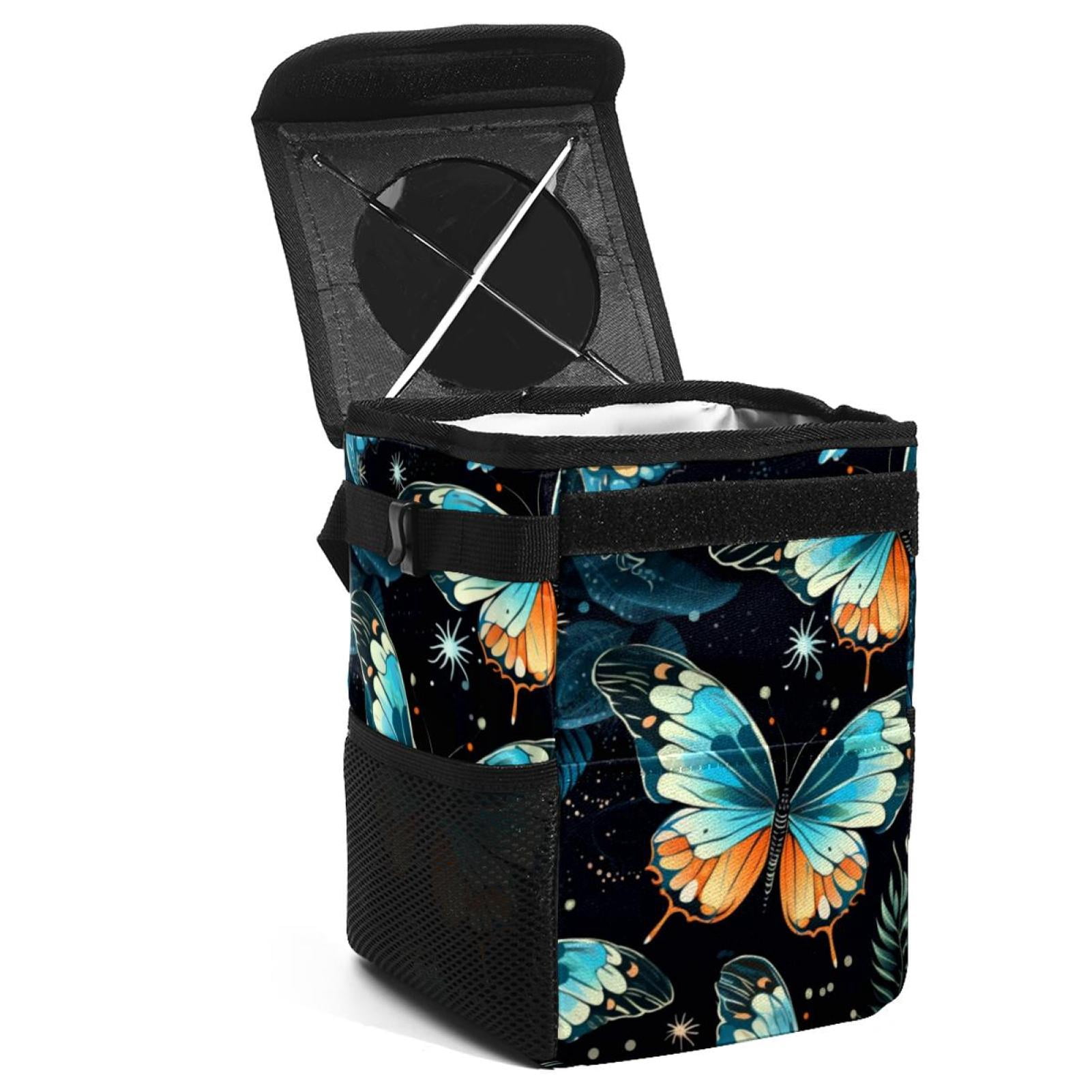 Car Trash Can With Lid - Sunflower Blue Butterfly Design, Leak-Proof Hanging Garbage Bag For Headrest, Collapsible With Mesh Pockets