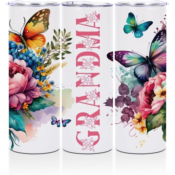 Flower Butterfly Grandma Gifts Grandma Birthday Gifts Coffee Cups with Lids Skinny Straight Stainless Steel Water Glasses Tea Cups for Hot and Cold Drinks Christmas Birthday Gifts for Grandma Nana