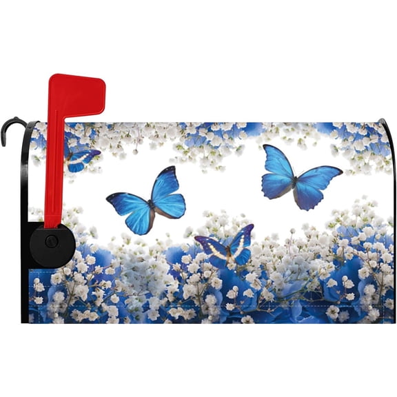 Flower and Butterfly Mailbox Cover Blue Butterflies Babybreath Flower Mail Box Covers Magnetic Standard Size 21x18 Inch Hello Spring Mailwraps Waterproof Letter Post Box Cover Outdoor