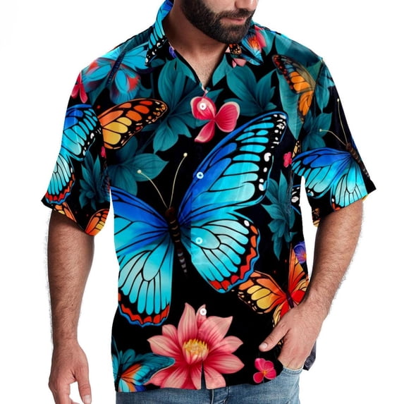Flower Butterfly Men's Button Down Spread Collar Casual Printed Short Sleeve Summer Beach Unisex Shirts