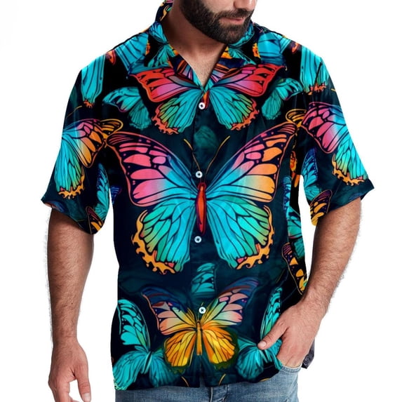 Flower Butterfly Men's Casual Poplin Button Down Short Sleeve Hawaiian Beach Shirt