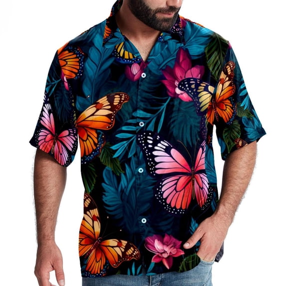 Flower Butterfly Men's Casual Short Sleeve Printed Button Down Spread Collar Tops Summer Beach Shirts Unisex