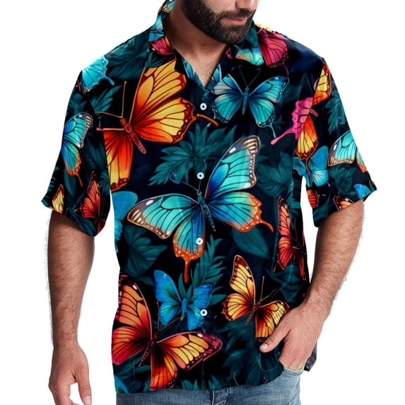 Flower Butterfly Men's Hawaiian Button Down Short Sleeve Casual Printed Summer Beach Unisex Shirt