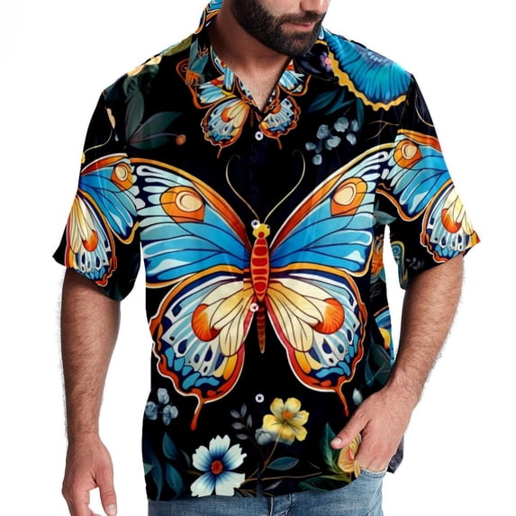 Flower Butterfly Men's Short Sleeve Beach Shirts, Casual Printed Poplin Button Down, Unisex Summer Hawaiian Shirt