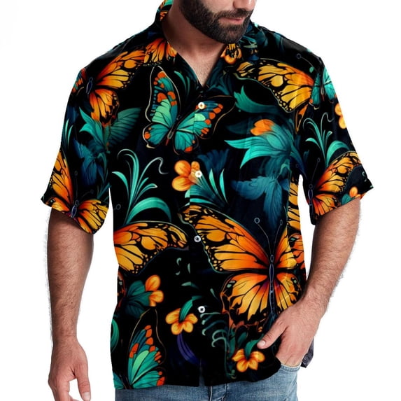 Flower Butterfly Men's Short Sleeve Poplin Button Down Hawaiian Printed Summer Beach Shirt, Unisex