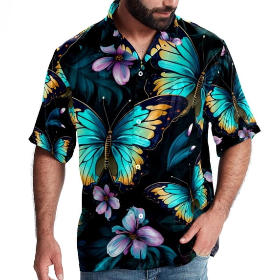 Flower Butterfly Men's Short Sleeve Poplin Shirt, Casual Printed Button Down, Summer Beach Hawaiian Shirts, Unisex
