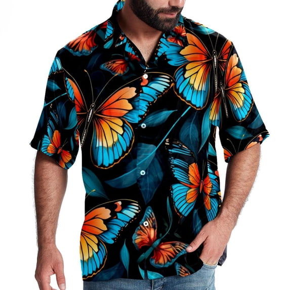 Flower Butterfly Men's Short Sleeve Spread Collar Button Down Beach Print Casual Shirts