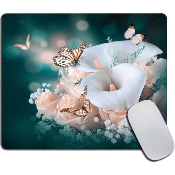 Flower Butterfly Mouse Pad, Calla Lily Pink Rose Customized Premium-Textured Mouse Mat,Washable Mousepads Non-Slip Rubber Base Small Mousepad, 9.5×7.9×0.12 inches