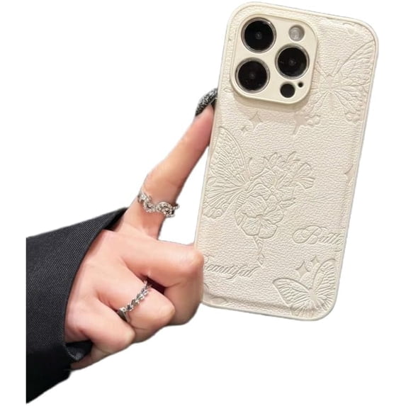 Flower Butterfly Pattern Faux Leather Phone Case, Simple and Fashionable, Drop-Proof and Wear-Resistant, for iPhone 15 14 13 12 11 Pro Max Plus Phone Case (White,iPhone 14 Pro Max)