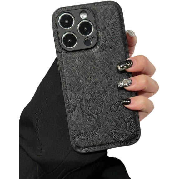 Flower Butterfly Pattern Faux Leather Phone Case, Simple and Fashionable, Drop-Proof and Wear-Resistant, for iPhone 15 14 13 12 11 Pro Max Plus Phone Case (Black,iPhone 12)