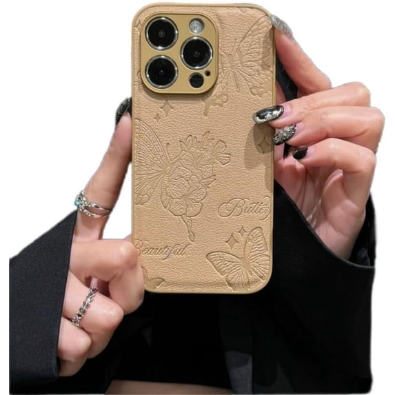 Flower Butterfly Pattern Faux Leather Phone Case, Simple and Fashionable, Drop-Proof and Wear-Resistant, for iPhone 15 14 13 12 11 Pro Max Plus Phone Case (Khaki,iPhone 11)