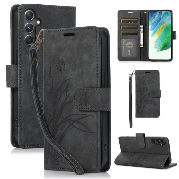 Flower&Butterfly Pattern Wallet Case for Samsung Galaxy A13 4G/5G,Dteck Magnetic Leather Case Shockproof Rubber Kickstand Full Body Protective Cover with Wrist Strap,Black