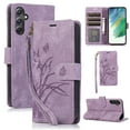 thumbnail image 1 of Flower&Butterfly Pattern Wallet Case for Samsung Galaxy A14 5G,Dteck Magnetic Leather Case Shockproof Rubber Kickstand Full Body Protective Cover with Wrist Strap,Purple, 1 of 6