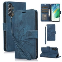 Flower&Butterfly Pattern Wallet Case for Samsung Galaxy A15,Dteck Magnetic Leather Case Shockproof Rubber Kickstand Full Body Protective Cover with Wrist Strap,Blue