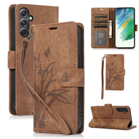 Flower&Butterfly Pattern Wallet Case for Samsung Galaxy A54 5G,Dteck Magnetic Leather Case Shockproof Rubber Kickstand Full Body Protective Cover with Wrist Strap,Brown