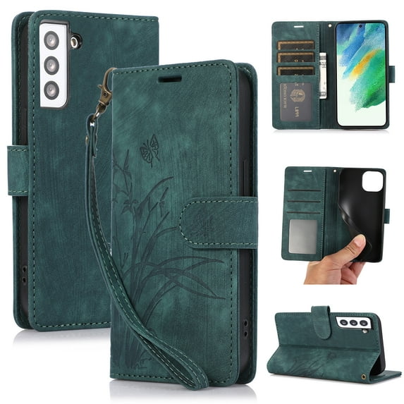 Flower&Butterfly Pattern Wallet Case for Samsung Galaxy S21 Plus/S21+,Dteck Magnetic Leather Case Shockproof Rubber Kickstand Full Body Protective Cover with Wrist Strap,Green
