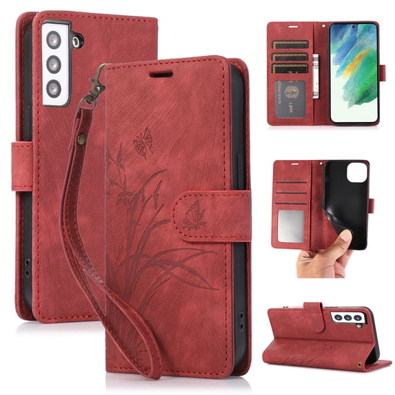 Flower&Butterfly Pattern Wallet Case for Samsung Galaxy S21 Plus/S21+,Dteck Magnetic Leather Case Shockproof Rubber Kickstand Full Body Protective Cover with Wrist Strap,Red