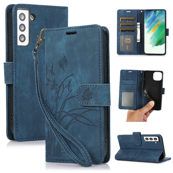 Flower&Butterfly Pattern Wallet Case for Samsung Galaxy S22,Dteck Magnetic Leather Case Shockproof Rubber Kickstand Full Body Protective Cover with Wrist Strap,Blue