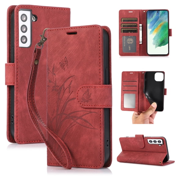 Flower&Butterfly Pattern Wallet Case for Samsung Galaxy S22,Dteck Magnetic Leather Case Shockproof Rubber Kickstand Full Body Protective Cover with Wrist Strap,Red