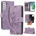 thumbnail image 1 of Flower&Butterfly Pattern Wallet Case for Samsung Galaxy S22,Dteck Magnetic Leather Case Shockproof Rubber Kickstand Full Body Protective Cover with Wrist Strap,Purple, 1 of 6
