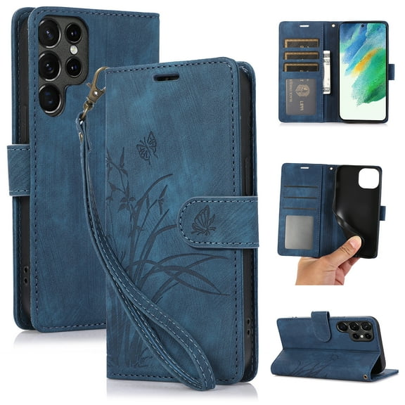 Flower&Butterfly Pattern Wallet Case for Samsung Galaxy S23 Ultra,Dteck Magnetic Leather Case Shockproof Rubber Kickstand Full Body Protective Cover with Wrist Strap,Blue