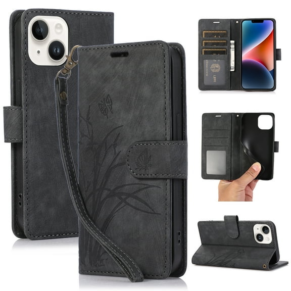 Flower&Butterfly Pattern Wallet Case for iPhone 13,Dteck Magnetic Leather Case Shockproof Rubber Kickstand Full Body Protective Cover with Wrist Strap,Black