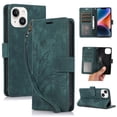 thumbnail image 1 of Flower&Butterfly Pattern Wallet Case for iPhone 13,Dteck Magnetic Leather Case Shockproof Rubber Kickstand Full Body Protective Cover with Wrist Strap,Green, 1 of 6