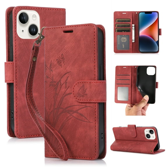 Flower&Butterfly Pattern Wallet Case for iPhone 14 Plus,Dteck Magnetic Leather Case Shockproof Rubber Kickstand Full Body Protective Cover with Wrist Strap,Red