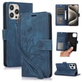 thumbnail image 1 of Flower&Butterfly Pattern Wallet Case for iPhone 14 Pro,Dteck Magnetic Leather Case Shockproof Rubber Kickstand Full Body Protective Cover with Wrist Strap,Blue, 1 of 6
