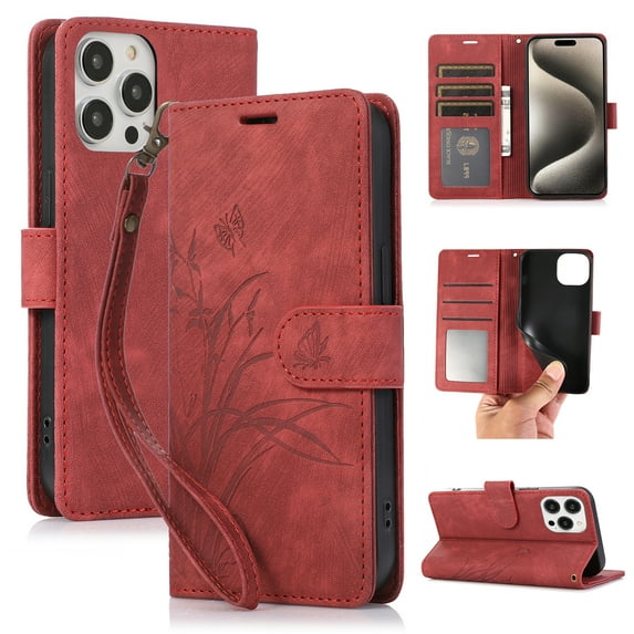Flower&Butterfly Pattern Wallet Case for iPhone 14 Pro,Dteck Magnetic Leather Case Shockproof Rubber Kickstand Full Body Protective Cover with Wrist Strap,Red