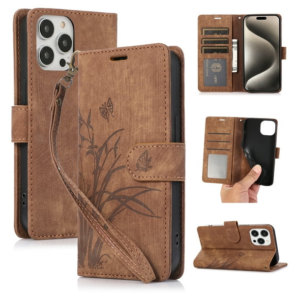 Flower&Butterfly Pattern Wallet Case for iPhone 14 Pro Max,Dteck Magnetic Leather Case Shockproof Rubber Kickstand Full Body Protective Cover with Wrist Strap,Brown