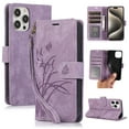 thumbnail image 1 of Flower&Butterfly Pattern Wallet Case for iPhone 14 Pro Max,Dteck Magnetic Leather Case Shockproof Rubber Kickstand Full Body Protective Cover with Wrist Strap,Purple, 1 of 6