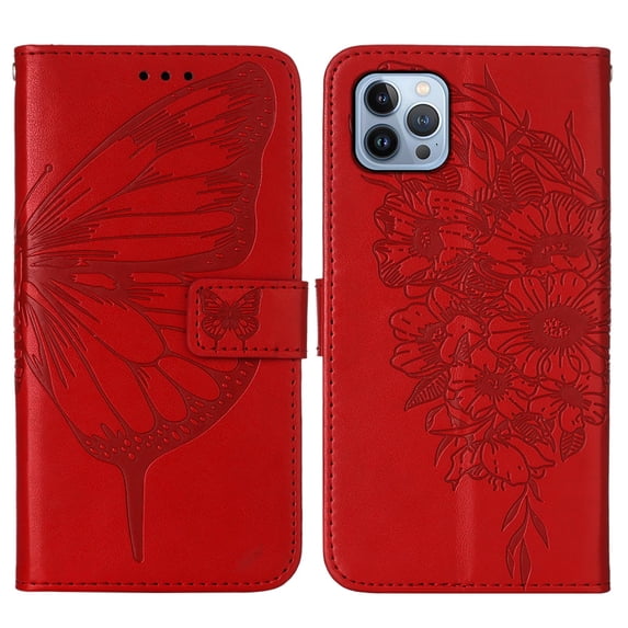 Flower Butterfly Pattern Wallet Case for iPhone 14 Pro, PU Leather Soft TPU Shockproof Anti-Drop Flip Folio Case with Wrist Strap Stand Magnetic Clasp Card Slots Phone Cover for iPhone 14 Pro,Red