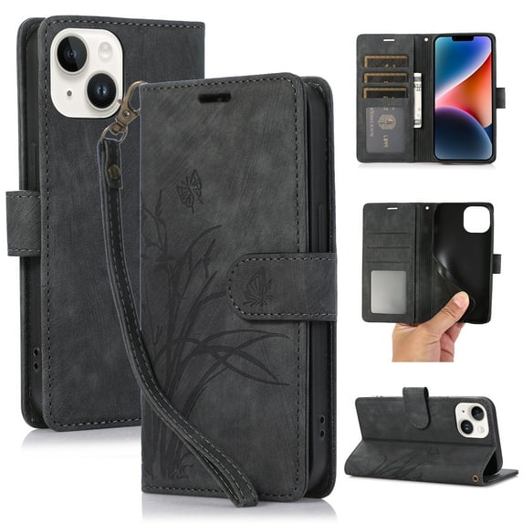 Flower&Butterfly Pattern Wallet Case for iPhone 15,Dteck Magnetic Leather Case Shockproof Rubber Kickstand Full Body Protective Cover with Wrist Strap,Black