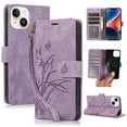 thumbnail image 1 of Flower&Butterfly Pattern Wallet Case for iPhone 15,Dteck Magnetic Leather Case Shockproof Rubber Kickstand Full Body Protective Cover with Wrist Strap,Purple, 1 of 6