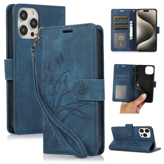 Flower&Butterfly Pattern Wallet Case for iPhone 15 Pro,Dteck Magnetic Leather Case Shockproof Rubber Kickstand Full Body Protective Cover with Wrist Strap,Blue