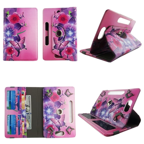 Flower Butterfly Pink tablet case 7 inch for iRulu X1s HD Lalbay 7" 7inch android tablet cases 360 rotating slim folio stand protector pu leather cover travel e-reader cash slots