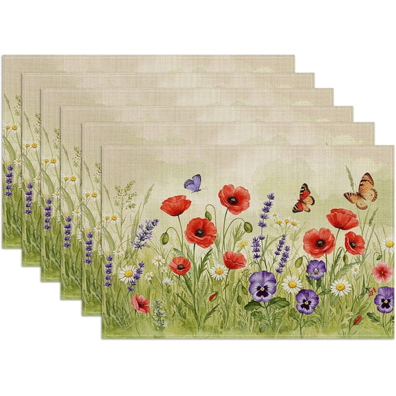 Flower Butterfly Placemats Set of 6, Washable Heat Resistant Table Mat Linen Place Mats for Party Kitchen Dining Home Decor 12x18 Inch