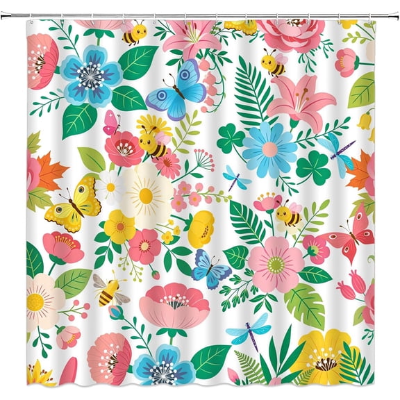 Flower Butterfly RV Shower Curtain Small Stall,Pink Floral Wings Bee Spring Natural Plant Cute Boho Bathroom Decor Curtain with Hooks,
