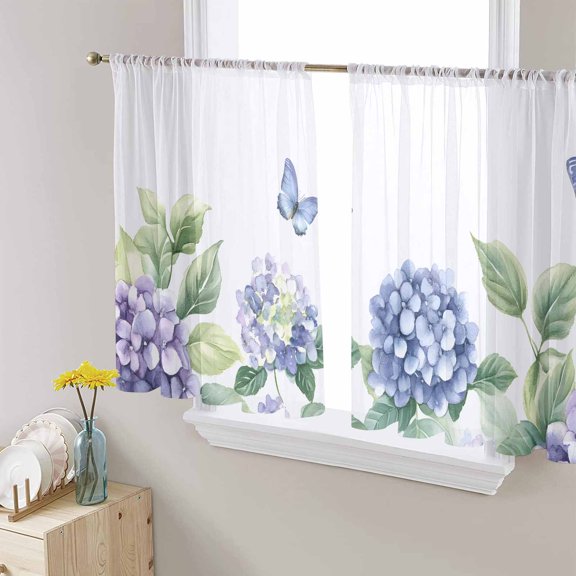 Flower Butterfly Sheer Curtains 54 Inches Length 2 Panels Set, Window Sheer Curtains for Living Room/Bedroom, Blue Purple Watercolor Wilflower Light Filtering Rod Pocket Curtain 52'' x 54'' x 2